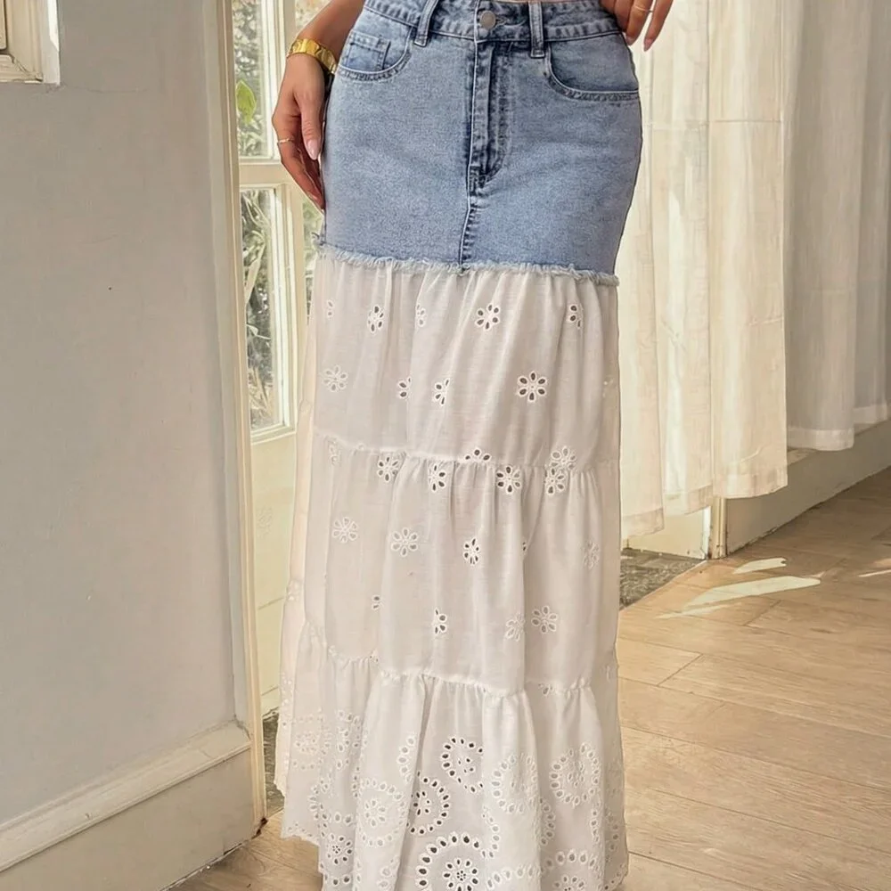 Multicolor Boho Women's Casual Hollow-Out Embroidery Patchwork Denim Mini Skirt - Picture 6 of 7